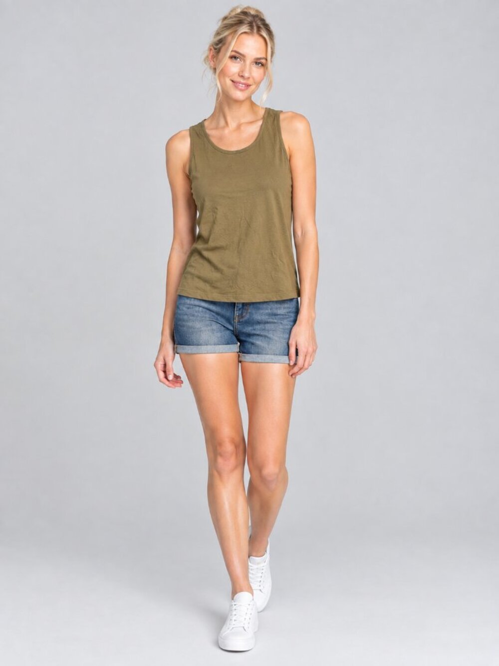 2/$30 Lands' End Cotton Round Neck Tank Top Olive Large #A4932